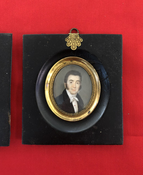 Old pair of miniatures from the EMPIRE period, portrait of a couple, 19th century painting