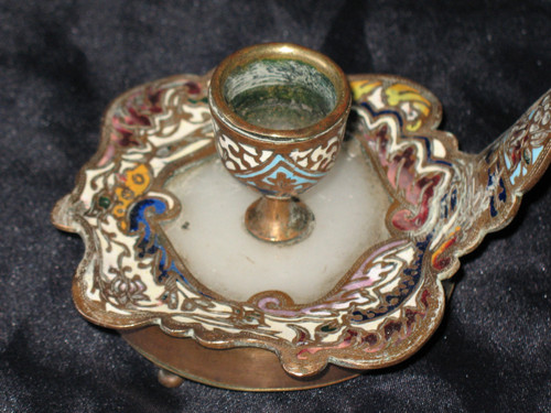 Small hand candle holder in bronze and enamels on onyx, late 19th century