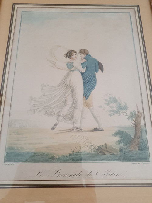 Dutailly , Chaponnier , La Promenade Du Matin , Gravure Colorée , Début XIX°.