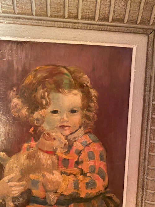 Olio su tavola degli anni '50/'60 incorniciato da una bambina che tiene in mano il suo giocattolo preferito "il suo fox terrier di peluche"