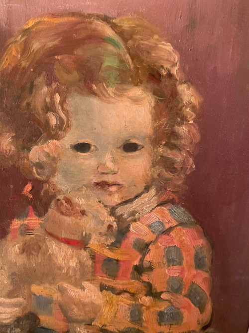 Olio su tavola degli anni '50/'60 incorniciato da una bambina che tiene in mano il suo giocattolo preferito "il suo fox terrier di peluche"