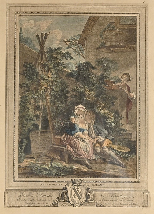 Color engraving “The Gallant Gardener”, after I.S Helman – 1900