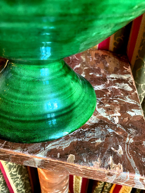 Generous raw green enameled Uzès earthenware bowl on pedestal from the end of the 19th century