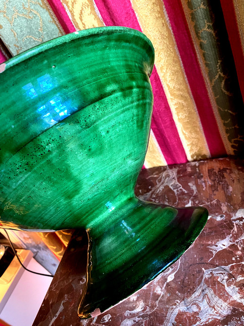 Generous raw green enameled Uzès earthenware bowl on pedestal from the end of the 19th century