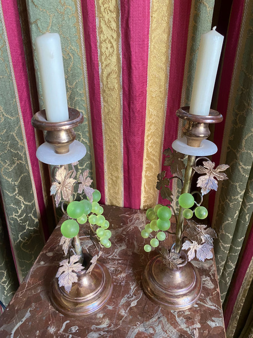 Pair of 19th century gilded copper candlesticks with glass paste grape clusters and vine leaves on shower stand