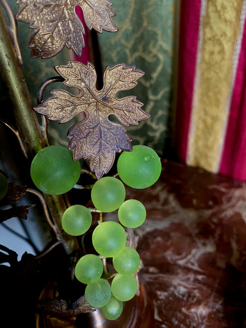 Pair of 19th century gilded copper candlesticks with glass paste grape clusters and vine leaves on shower stand