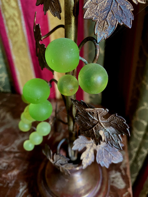 Pair of 19th century gilded copper candlesticks with glass paste grape clusters and vine leaves on shower stand