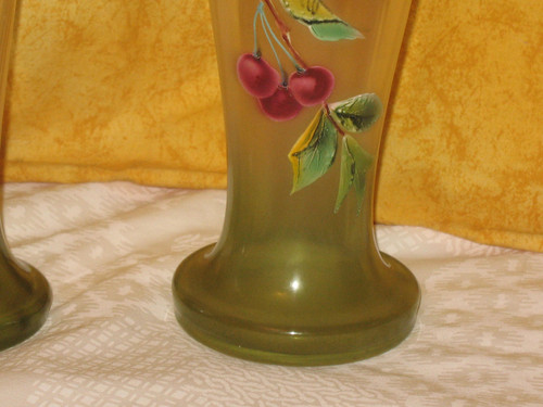 Pair of enameled glass vases decorated with cherries, early 20th century