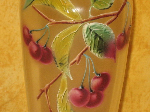 Pair of enameled glass vases decorated with cherries, early 20th century