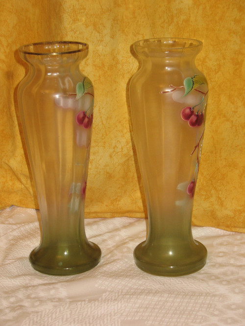 Pair of enameled glass vases decorated with cherries, early 20th century