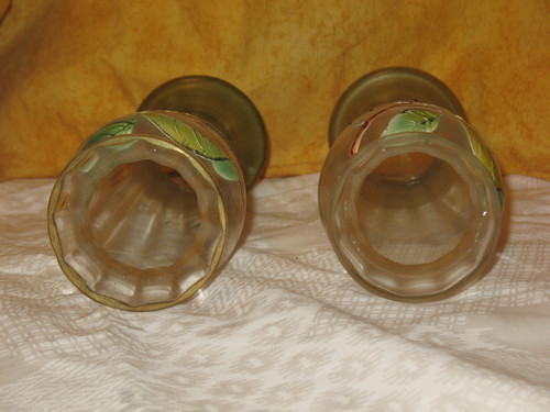 Pair of enameled glass vases decorated with cherries, early 20th century