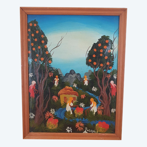 Haitian School, Animated Landscape, Oil On Canvas, Joseph, 20th century.