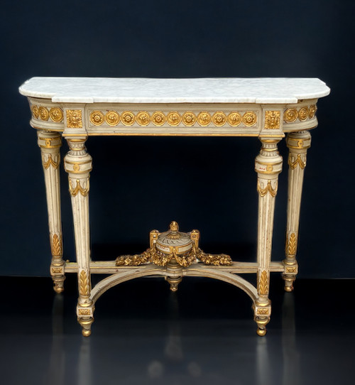 1/2 MOON CONSOLE IN LACQUERED AND GILT WOOD, NAPOLEON III PERIOD WITH A MARBLE TOP