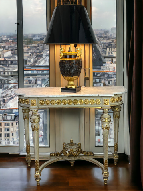 1/2 MOON CONSOLE IN LACQUERED AND GILT WOOD, NAPOLEON III PERIOD WITH A MARBLE TOP