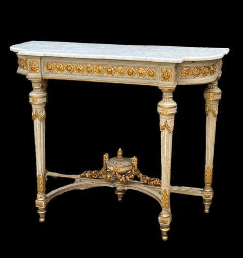 1/2 MOON CONSOLE IN LACQUERED AND GILT WOOD, NAPOLEON III PERIOD WITH A MARBLE TOP