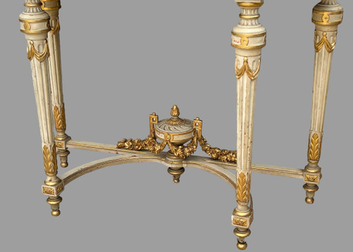 1/2 MOON CONSOLE IN LACQUERED AND GILT WOOD, NAPOLEON III PERIOD WITH A MARBLE TOP