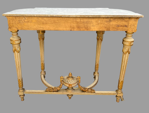 1/2 MOON CONSOLE IN LACQUERED AND GILT WOOD, NAPOLEON III PERIOD WITH A MARBLE TOP