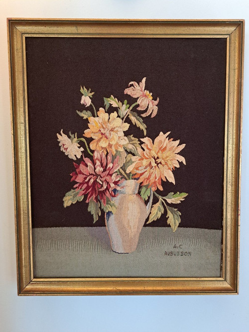 Painting, Still Life With Dahlias, Aubusson, 19th century.