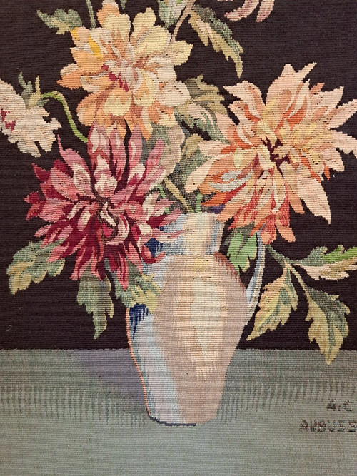 Painting, Still Life With Dahlias, Aubusson, 19th century.