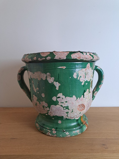 Castelnaudary, Garden Pot with Handles, Glazed Terracotta, 19th Century.