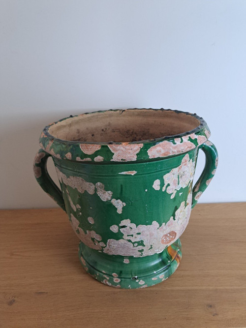 Castelnaudary, Garden Pot with Handles, Glazed Terracotta, 19th Century.