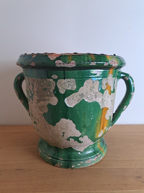 Castelnaudary, Garden Pot with Handles, Glazed Terracotta, 19th Century.