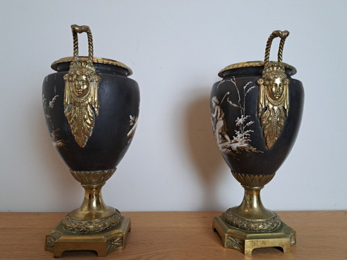 Pair Of Vases, Porcelain And Bronze, Louis XVI Style, Napoleon III, 19th Century.