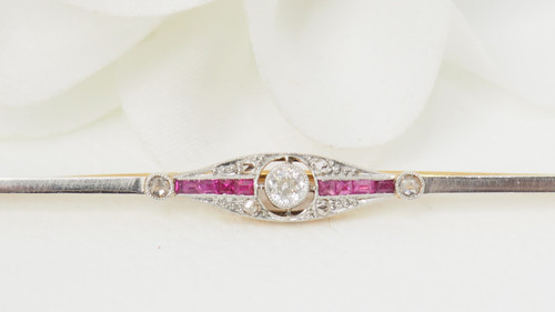 Yellow gold ruby and diamond barrette brooch