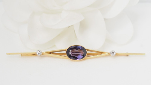 Yellow gold amethyst and diamond barrette brooch