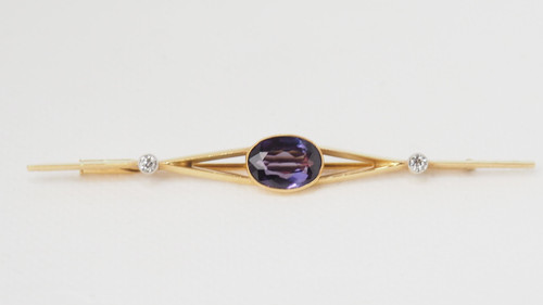 Yellow gold amethyst and diamond barrette brooch