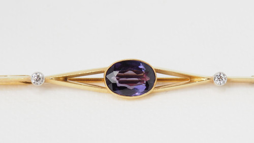 Yellow gold amethyst and diamond barrette brooch