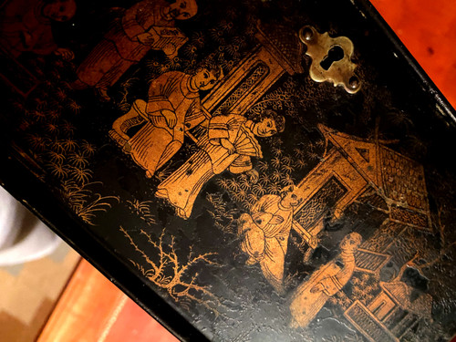 Black boiled cardboard tea box finely decorated with animated scenes in gold with two zinc compartments from the Napoleon III period