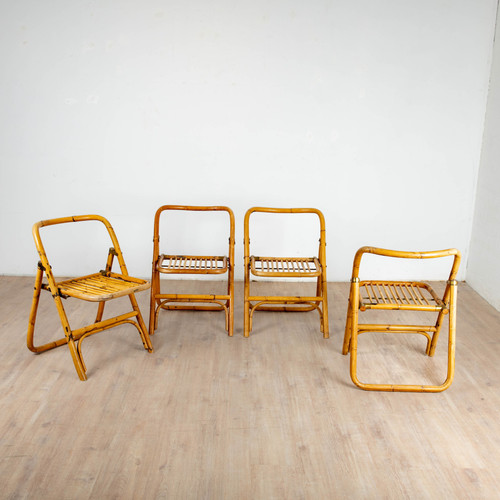 4 folding chairs in bamboo, rattan and brass, Italy, 1970