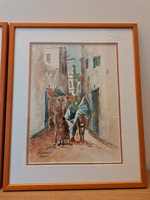 Rachid Beniounes, Paar Ansichten marokkanischer Dörfer, Aquarell, 20. Jahrhundert.