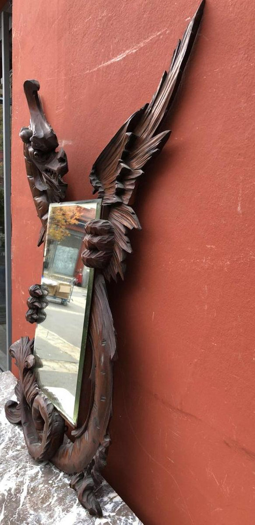 Ancien Miroir Au Dragon Bois Sculpté Dans Le Gout De Viardot