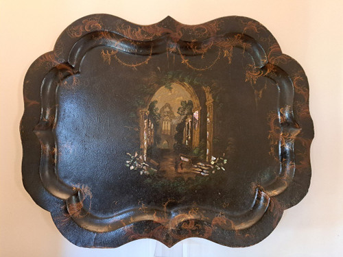 Large Tray , Burgundy decor, Boiled cardboard, England , XIX°.