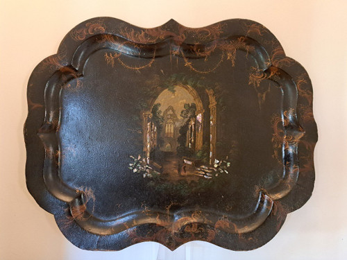 Large Tray , Burgundy decor, Boiled cardboard, England , XIX°.