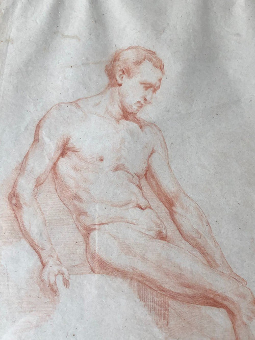 Neapolitan School - Academic Drawing of a Nude Man in Sanguine - XIXth Century