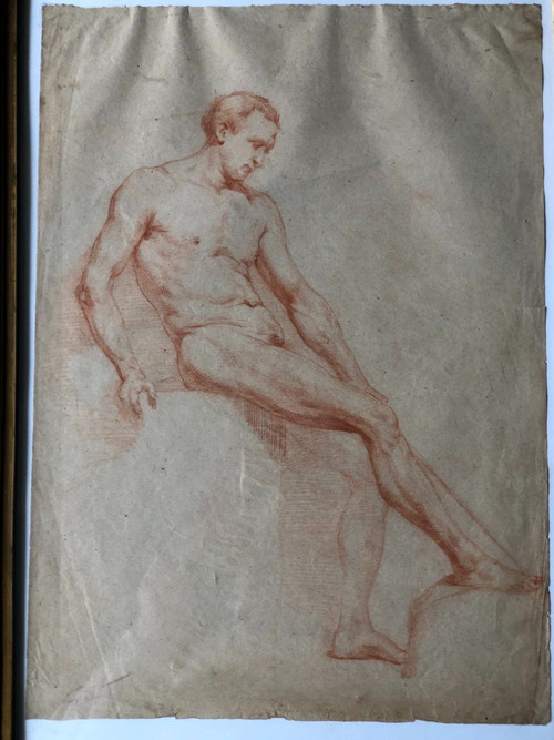 Neapolitan School - Academic Drawing of a Nude Man in Sanguine - XIXth Century