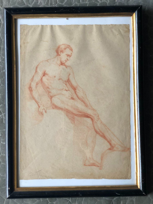 Neapolitan School - Academic Drawing of a Nude Man in Sanguine - XIXth Century