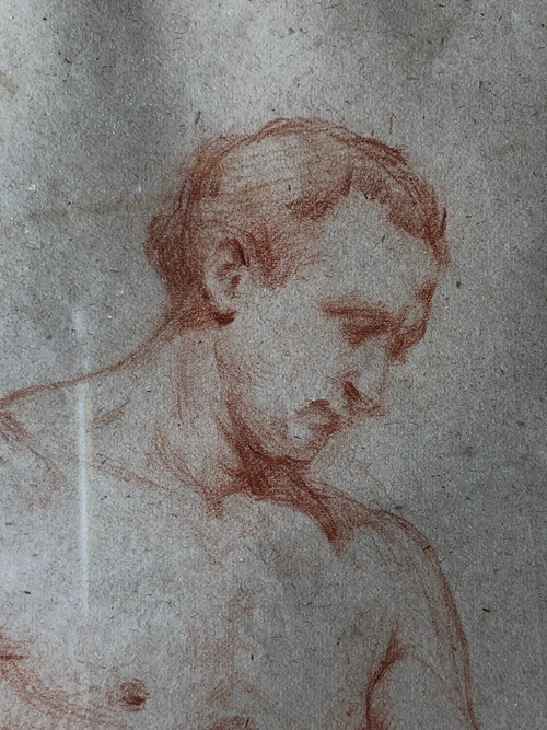 Neapolitan School - Academic Drawing of a Nude Man in Sanguine - XIXth Century