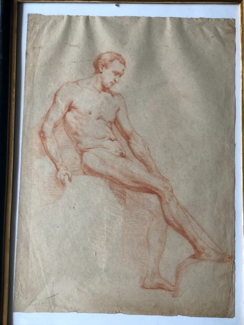 Neapolitan School - Academic Drawing of a Nude Man in Sanguine - XIXth Century