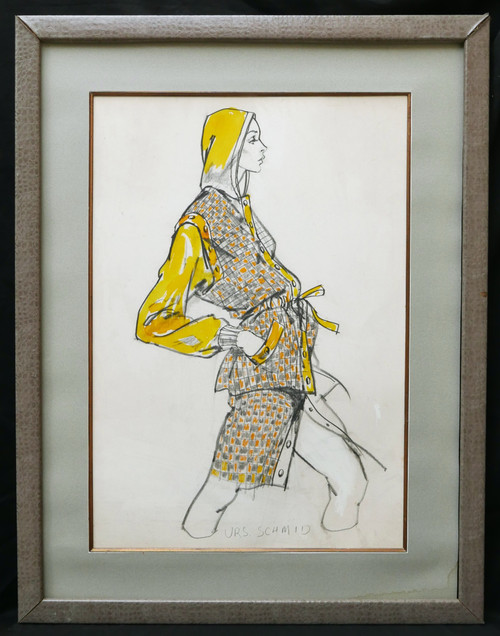 Urs SCHMID, for Yves SAINT-LAURENT, Model wearing a yellow plaid outfit with a hood.