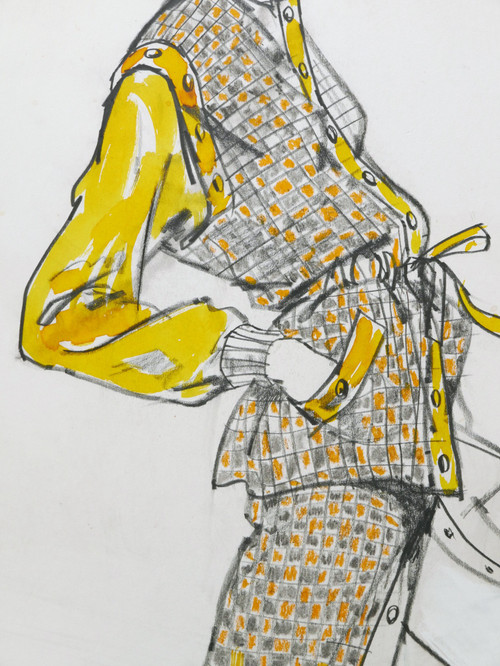 Urs SCHMID, for Yves SAINT-LAURENT, Model wearing a yellow plaid outfit with a hood.