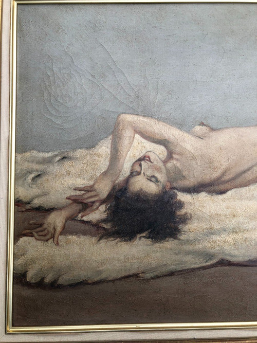 Painting On Canvas - Nude With White Bear Skin Circa 1930