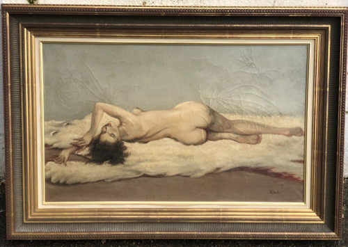 Painting On Canvas - Nude With White Bear Skin Circa 1930