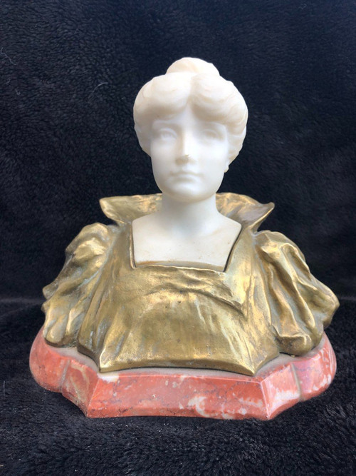 Art Nouveau Female Bust Gilt Bronze And Marble