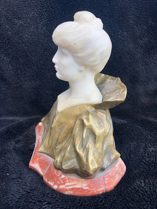 Art Nouveau Female Bust Gilt Bronze And Marble