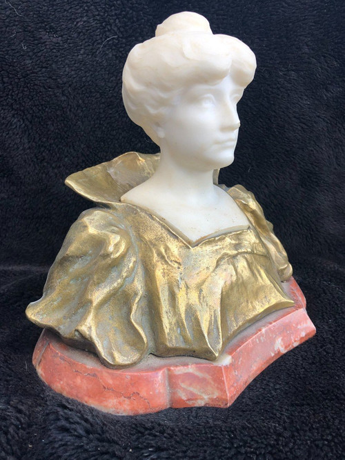 Art Nouveau Female Bust Gilt Bronze And Marble