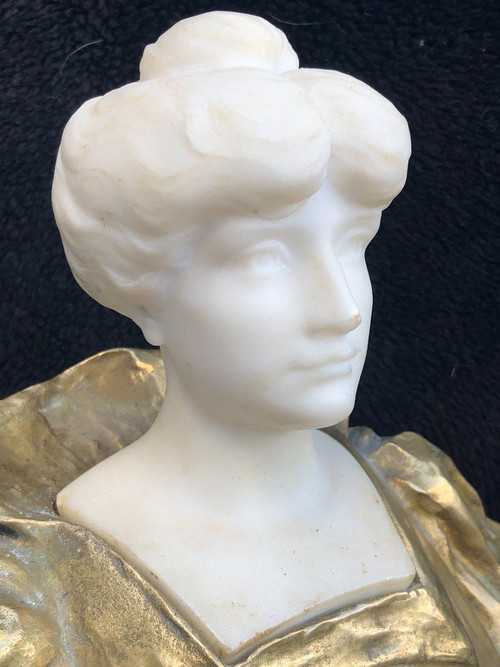 Art Nouveau Female Bust Gilt Bronze And Marble